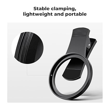 Black phone ring holder with text 'Stable clamping, lightweight and portable' on a white background