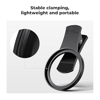 Black phone ring holder with text 'Stable clamping, lightweight and portable' on a white background