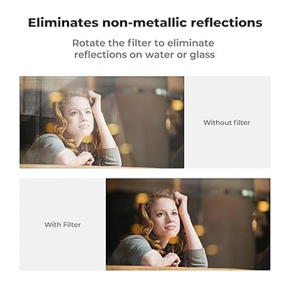 Comparison of reflections on water or glass with and without a filter, showing a person sitting at a table.
