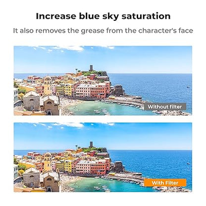 Comparison of a coastal town with and without blue sky saturation enhancement.